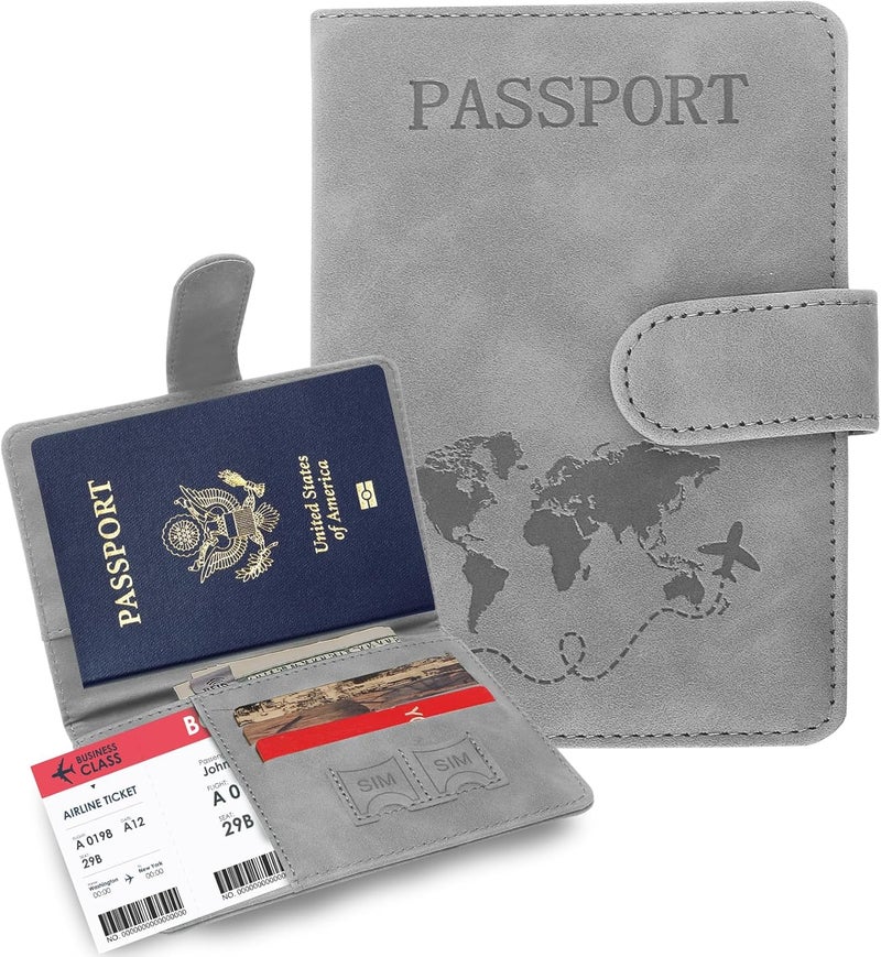 Sovirose Passport Holders, RFID Blocking Credit Card Holder, PU Leather Vaccine Card Holders for Travel with Magnetic Buckle, Travel Must Haves Cruise Ship Essentials for Men, Women (Grey) - Image 1